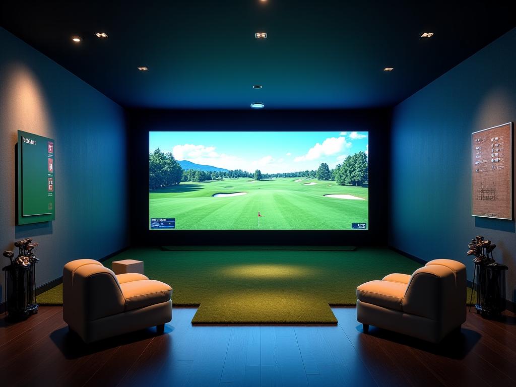 Ruang simulator golf dengan teknologi canggih dan layar HD