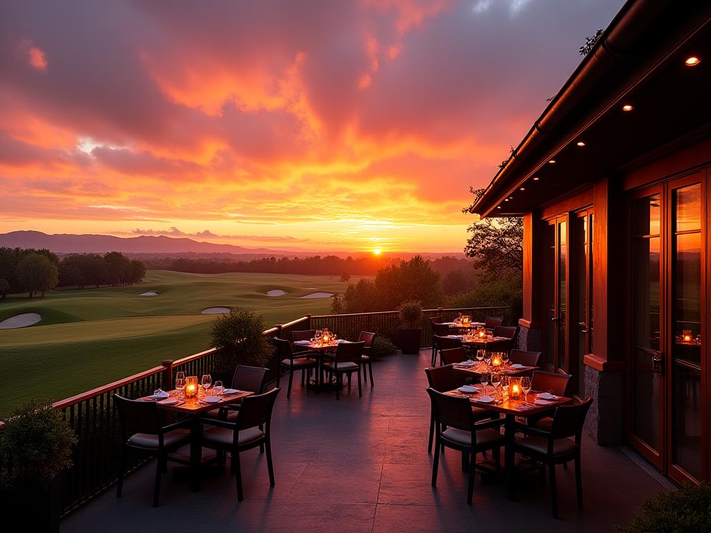 Outdoor terrace dining dengan view sunset spektakuler